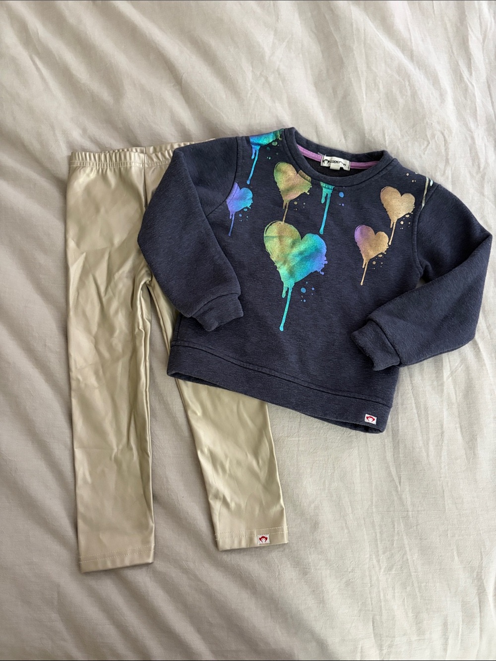 Appaman Navy Sweatshirt with Multicolor Foil Heart Graphics & Gold Leggings